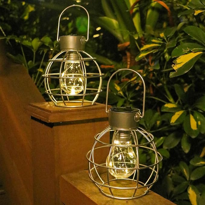2 Pack Solar Lanterns Outdoor Hanging Lights, Metal Solar Lantern Outdoor Waterproof Auto On/Off Solar Light for Patio Backyard Pathway Porch, Silver