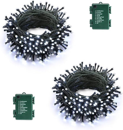 Lomotech Battery Operated Christmas Lights - 2 Pack Total 33ft 100LEDs String Lights 8 Modes Waterproof with Timer for Home, Garden, Party, Holiday, Tree Decoration (Green Wire, White）