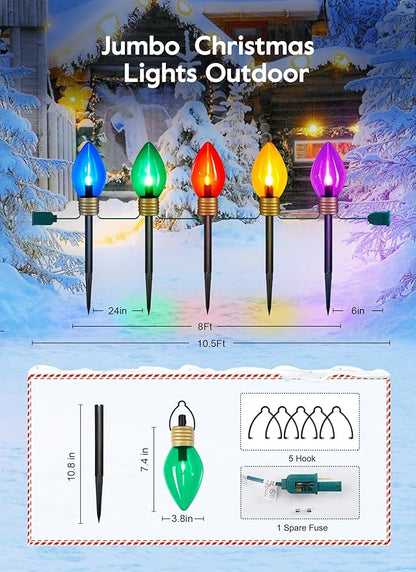 Moonflor 4 Pack Jumbo C9 Christmas Pathway Lights Outdoor - Total 34FT 20 LED C9 Christma Walkway Light, Multicolor Christmas Decoration Outside, Giant Christmas Lights Outdoor for Lawn Holiday Yard