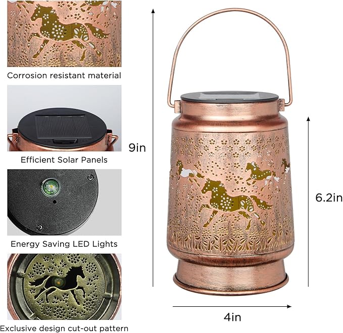 KIKUSUI Horse Lover Gifts Solar Lanterns Outdoor Decor, Gifts for Mom Women Dad Men, Metal Decorative LED Lanterns for Yard, Patio, Lawn, Tabletop, Pathway, Landscape, Garden Decor