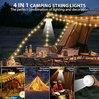 2Pack Camping String Lights, 4 in 1 Quick Storage Camping Essentials Gear 32.8FT Rechargeable Tent Lights with 9 Modes Hanging Waterproof LED Camp Lamp for Camping Hiking Patio Festival (Warm +RGB)