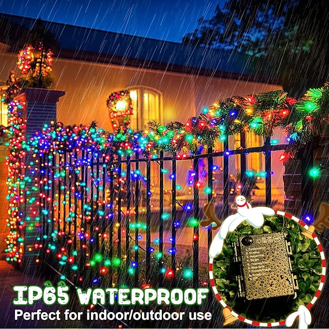 Christmas Lights Outdoor Battery Operated String Lights Total 100LED 33Ft with Timer 8 Modes 16.4Ft*2 Waterproof Outdoor Indoor for Christmas Decor, Multicolor, 2-Pack
