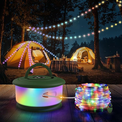 Camping String Lights, 3 in 1 Upgraded Retractable RGB Outdoor String Lights with 19 Lighting Modes, Quick 30s Recovery, 32.8 FT Portable Tent Lights, Rechargeable Camping Lantern (Green)