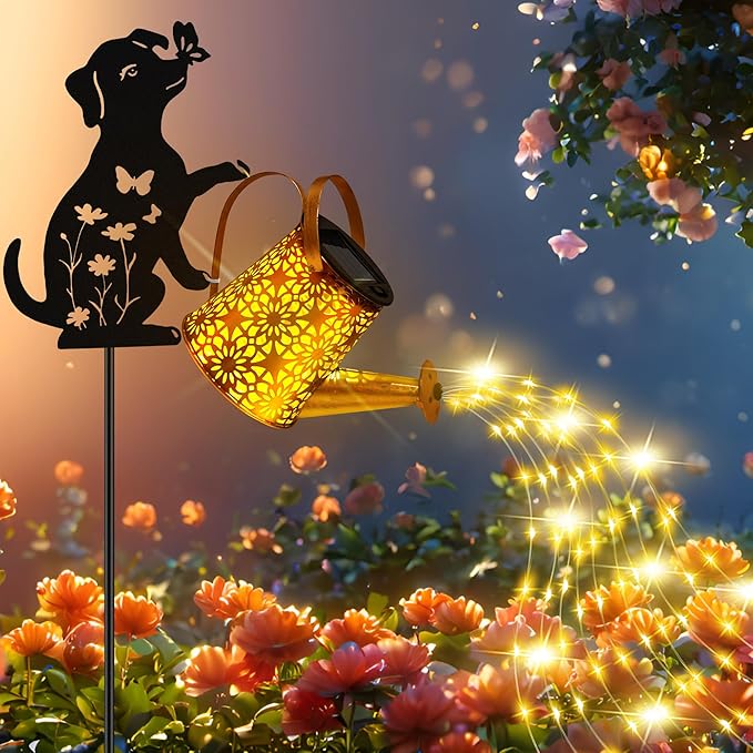 Christmas Gifts Solar Lights Outdoor Decorative, Watering Can with Cascading Lights, with Dog Silhouette Garden Stakes, Waterproof Metal Garden Decor 2 Pack