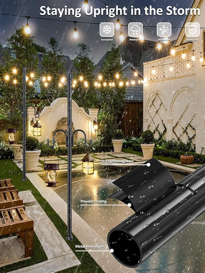 1.5 Inch Heavy Duty String Light Poles with 16.9” Spiral Ground Anchor - for Patio, Deck & Holiday Lighting, 8.5FT Adjustable Outdoor Post, Easy Screw-in Installation, Decorative Scroll Top & Hooks