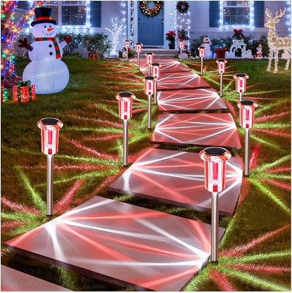 DenicMic Solar Lights Outdoor 10 Pack Waterproof Red White LED Stainless Steel Stake Outside Lights for Yard Pathway Garden Driveway Walkway Landscape Path Lighting Valentines Day Decorations