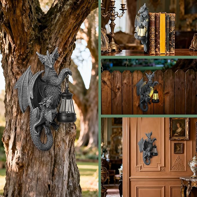 Solar Dragon Decor Tree Hugger Statue | Outdoor Garden Statue with LED Light for Yard, Patio, Balcony | Fantasy Dragon Figurine for Trees, Walls, Fences | Unique Gift for Women, Men & Mom