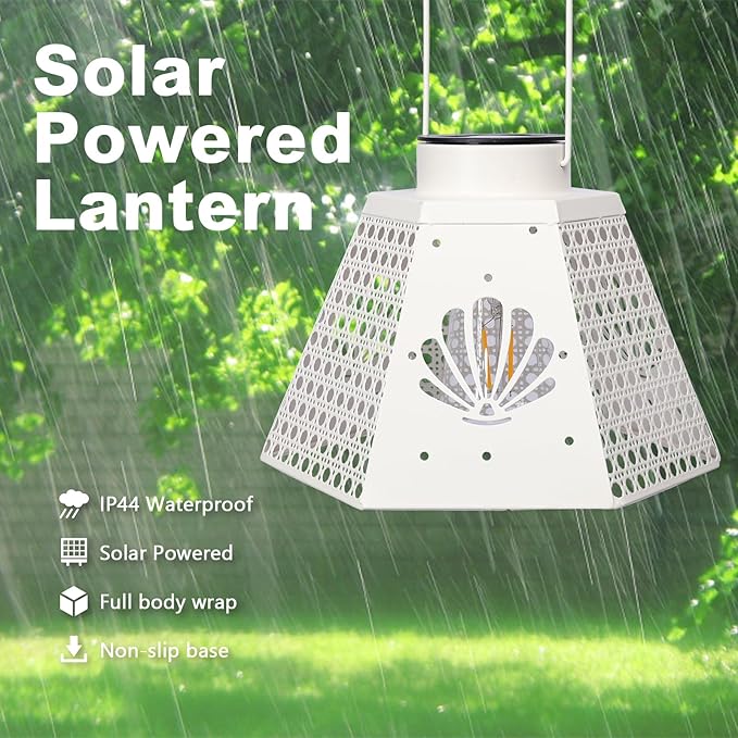 Outdoor Solar Lanterns Waterproof Hanging Solar Metal Lantern 9.5" Seashell LED Lantern Yard Art Decor for Yard, Patio, Hallway, Birthday Mothers' Day Gifts (2Pack, White)