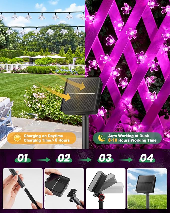 Brightown 2 Pack Total 52FT 120 LED Flower Solar String Lights Outdoor Waterproof Fairy Lights for Garden Yard Fence Patio Christmas Tree Wedding Party Decor, Pink