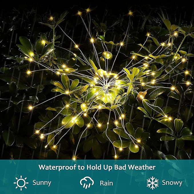 JJGoo Solar Firework Lights, 2 Pack 180 LEDs 2 Lighting Modes Solar Lights Outdoor Waterproof for Garden Patio Walkway Pathway Party Wedding Christmas Decorative - Warm White