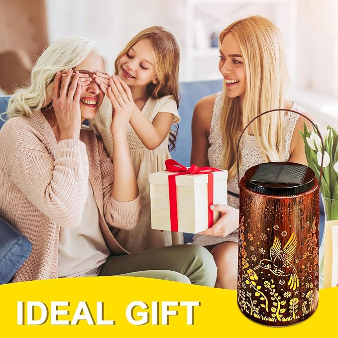 Solar Lanterns Outdoor Waterproof, 2 in 1 Amber & White Modes Upgraded, Bird Garden Decor Gifts for Women Mom Grandma, Metal Hanging Solar Lights Decoration for Yard Patio Porch Pathway, 1 Pack