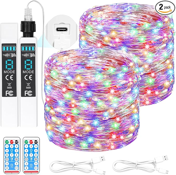 Lakumu 132FT(66*2) Rechargeable Fairy Lights Battery Operated, LED String Lightswith Remote &Timer, Multicolor Twinkle Lights for Bedroom Waterproof Outdoor Camping DIY Wedding Christmas Decorations