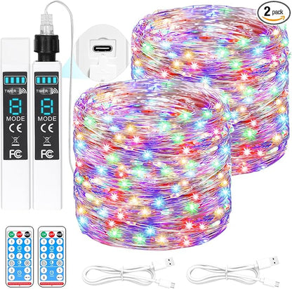 Lakumu 132FT(66*2) Rechargeable Fairy Lights Battery Operated, LED String Lightswith Remote &Timer, Multicolor Twinkle Lights for Bedroom Waterproof Outdoor Camping DIY Wedding Christmas Decorations