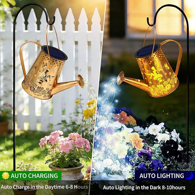YJFWAL Solar Watering can with Lights, Unique Gifts for Mom Grandma Women Birthday, Waterproof Gardening Gifts Watering Can with Cascading Lights Outdoor Decor for Garden Patio Yard Pathway