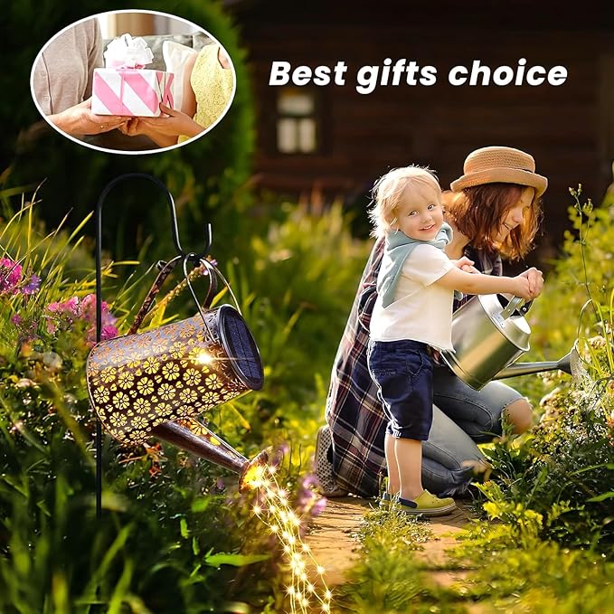 2 Pcs Solar Watering Can Lights, Hanging Solar Waterfall Lights Waterproof Outdoor Garden Decor Yard Art for Porch Landscape Patio, Gardening Gifts for Mom Grandma Women ( 2 Pack with Shepherd Hooks)