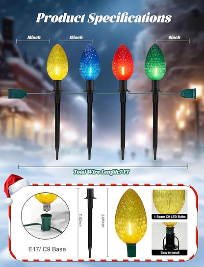 C9 Multicolor Christmas Decorations Outdoor Waterproof, 8FT Strawberry Jumbo Walkway Lights with 4 C9 LED Bulb, Connectable Marker Stakes Landscape Lights for Winter Yard Garden Lawns Xmas Holiday