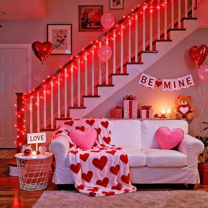 JMEXSUSS 4 Pack 50 LED Red Christmas Lights Battery Operated, Each 16.5ft Red String Lights with Timer, 8 Modes Valentine’s Lights Outdoor Waterproof for Wedding Anniversary Valentine’s Day Decor