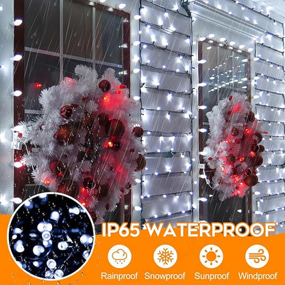 Battery Operated Christmas Lights Outdoor, 33 FT 100 LED Mini String Lights with Timer and 8 Modes, Green Wire Xmas Waterproof String Lights for Tree Xmas Indoor Holiday Party Garden Decor, Cool White