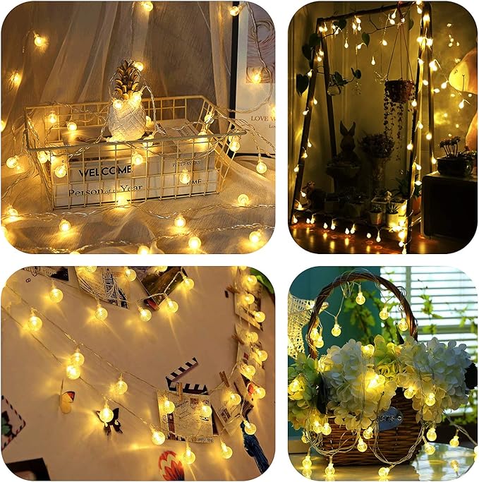 Battery Operated Globe String Lights 16FT Waterproof 30 LED 8 Modes Outdoor String Lights Crystal Ball String Light with Timer for Backyard Garden Balcony Pergola Wedding Party, Warm White