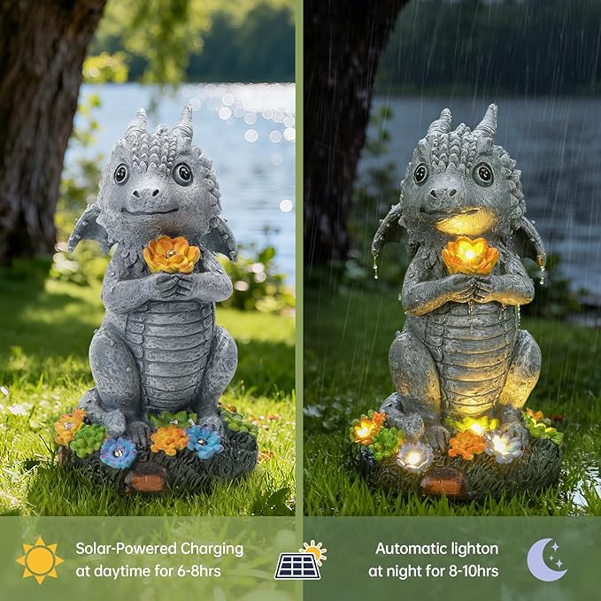 Solar Garden Outdoor Statues Dragon with Succulent, Lawn Decor with LED Lights, Outside Statue for Patio, Balcony, Yard Ornament, Housewarming Valentine's Day Gift for Wife Mom Grandma