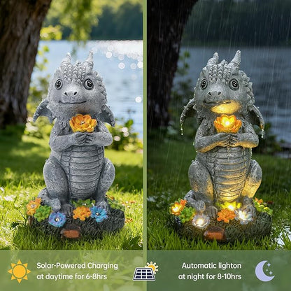 Solar Garden Outdoor Statues Dragon with Succulent, Lawn Decor with LED Lights, Outside Statue for Patio, Balcony, Yard Ornament, Housewarming Valentine's Day Gift for Wife Mom Grandma