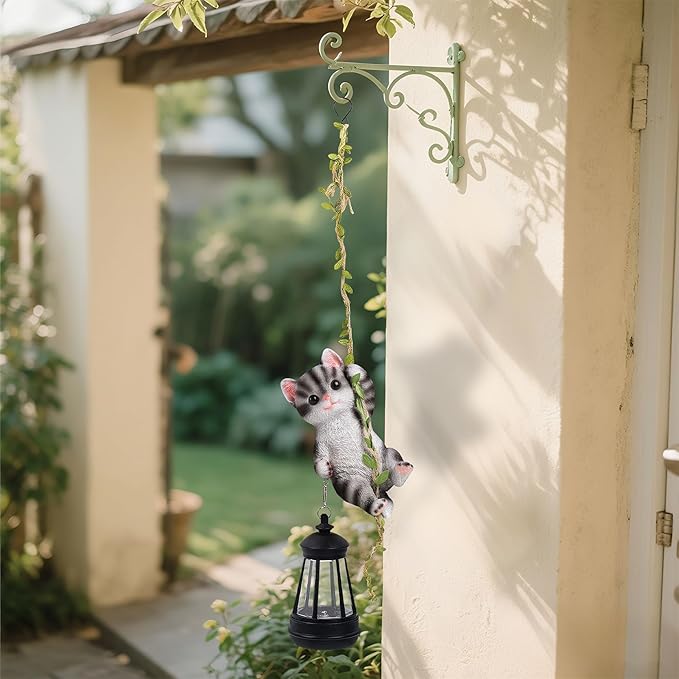 Solar Hanging Cat Statue, Outdoor Resin Black Cat Figurine with LED Lights, Kitty Animal Ornament for Garden, Fence, Porch, Patio, Yard Decor, Dusk to Dawn Auto On/Off