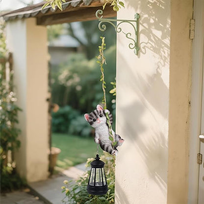 Solar Hanging Cat Statue, Outdoor Resin Black Cat Figurine with LED Lights, Kitty Animal Ornament for Garden, Fence, Porch, Patio, Yard Decor, Dusk to Dawn Auto On/Off