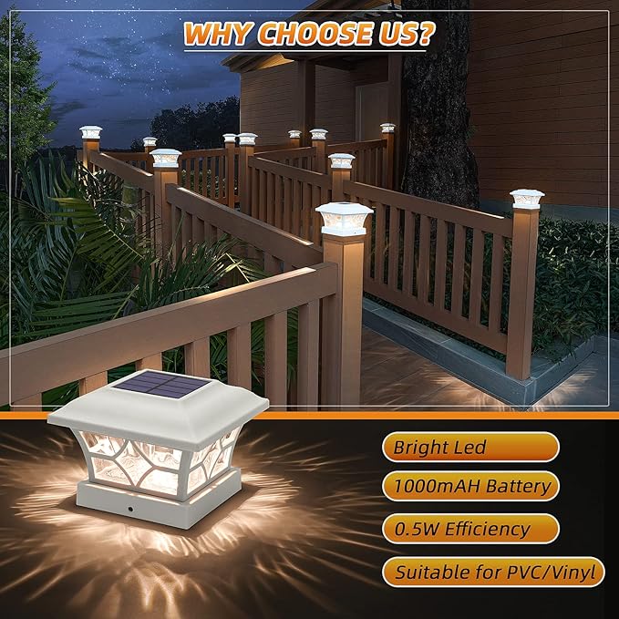 APONUO Solar Post Cap Lights 8 Pack with 1000mAh Battery - for 4x4 5x5 6x6 Fences, Larger Size & Longer Lasting, 2-Mode, IP64 Waterproof, for Deck Patio Yard (White)