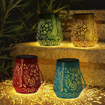 Solar Lanterns 4 Pack Outdoor Waterproof Solar Lights, Mothers Day Gifts for Women Garden Decor LED Hanging Solar Powered Decorative Lantern with Handle for Outside Patio Yard Table Fence