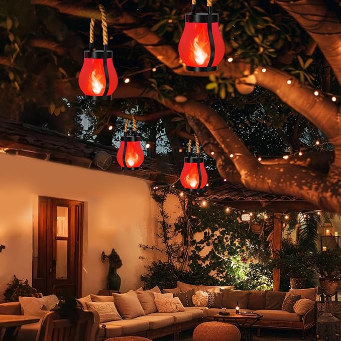 Hompavo Gen2 Solar Lanterns Outdoor with Ultra-Real Flame, Dual Charging (USB/Solar) & 2 Modes - Waterproof Decorative Hanging/Table Lights for Patio Garden Halloween Christmas Decorations, 2/Red