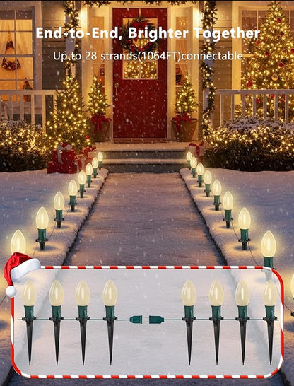 38FT LED Outdoor Christmas Pathway Lights,25 Warm White Extendable Waterproof Christmas Walkway Lights with C9 LED Bulbs and Stakes for Walkway Backyard Snowfield Xmas Decorations