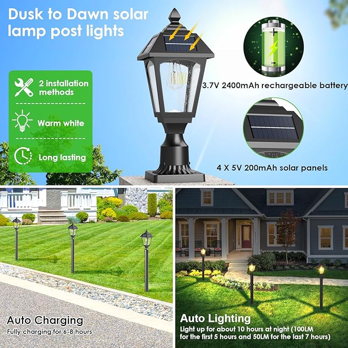 Solar Post Lights Outdoor, Aluminium Solar Lamp Post Light with Pier Mount Base, Outside Decor for Yard Garden Pole Pillar, 100 Lumens (Warm White) ﻿