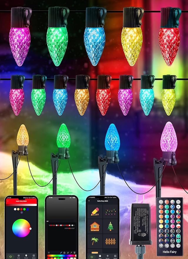 Smart App-Controlled C9 Christmas Lights Outdoor, 66ft 100 Bulb Pathway Lights with Stakes, Multicolor