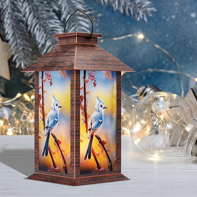 Solar Lanterns Outdoor, Waterproof Blue Jay Garden Hanging Lanterns with LED Flickering Flameless Candles for Mom Grandma Women Lantern Decorative Outdoor for Christmas, Yard, Garden Decor