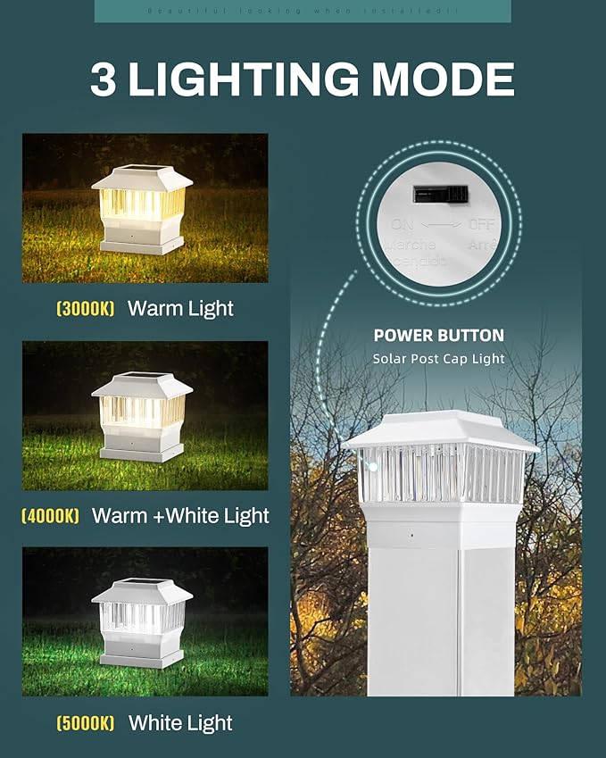 50 Lumen Solar Post Lights, 3 Modes Outdoor Deck Fence Post Cap Lights - 4x4 3.5x3.5 4.5x4.5 or 5.5x5.5, LED Landscaping Patio Garden Yard Decoration Waterproof (4 Pack, White)