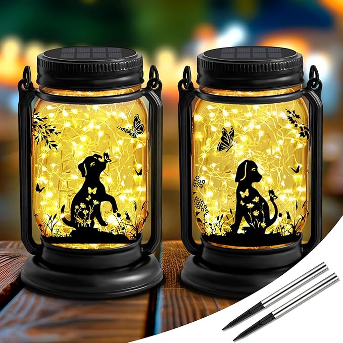 2 Pack Dog Solar Lanterns 3-IN-1 Outdoor Waterproof - Birthday Gifts for Dog Lovers Women Mom Christmas, Mason Jar Hanging Lanterns with Stake, Garden Decor Lights for Patio Yard Balcony Decorations