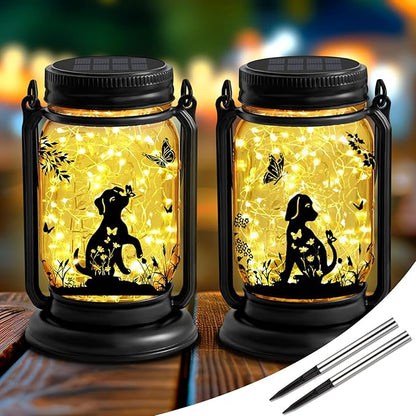 2 Pack Dog Solar Lanterns 3-IN-1 Outdoor Waterproof - Birthday Gifts for Dog Lovers Women Mom Christmas, Mason Jar Hanging Lanterns with Stake, Garden Decor Lights for Patio Yard Balcony Decorations