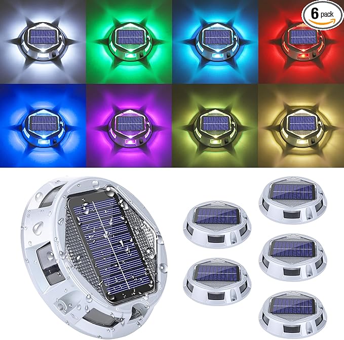 Solar Deck Light Outdoor, 6 Pack 9 Colors in 1 Solar Driveway Dock Lights, IP67 Waterproof Solar Powered Outdoor Light, RGB Step Lights for Outside Garden Yard Fence Stair Sidewalk Pathway Walkway
