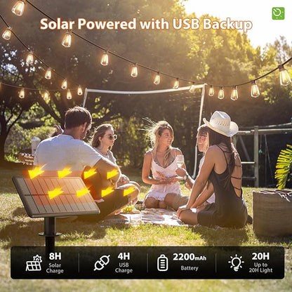 KYY 54FT Solar String Lights Outdoor Waterproof with USB Charging & Remote, Dimmable & Timable, Solar Powered Patio Lights with LED Shatterproof Bulbs for Deck Backyard Porch Garden Camping