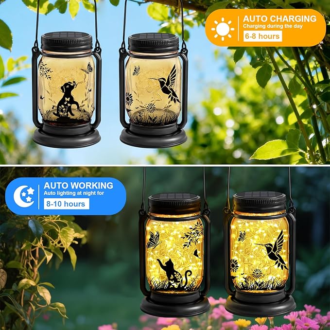 2 Pack Cat Solar Lanterns Outdoor, Cat & Dog Butterfly Vintage Glass Mason Jar, Birthday Mothers Day Gifts for Mom, Grandma, Women, Waterproof Garden Lights for Patio Yard Lawn Tree Decor