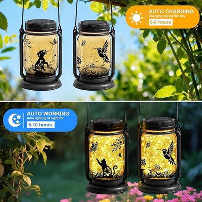 2 Packs Cat Lover Gifts for Mom, Grandma, Women Mothers Day Birthday, Cat Solar Lanterns Butterfly Vintage Glass Hanging Mason Jar, Waterproof Fairy Garden Lights for Patio Yard Lawn Tree Decor