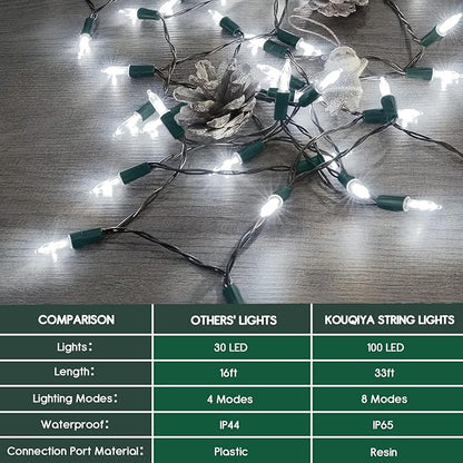 KOUQIYA Battery Operated Christmas Lights, 33ft 100 LED Battery Operated String Lights with Auto-Timer 8 Modes Waterproof String Lights for Xmas Outdoor Indoor Garden Party Decor, Cool White