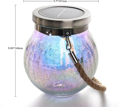 Cooo Gift for her him 2 Pack Solar Lanterns Waterproof Outdoor Iridescent Heavy Crackle Glass a Big LED Stainless Steel Lid 215% Solar for Women Mom Grandma Outdoor Table Lamps Garden Backyard Decor
