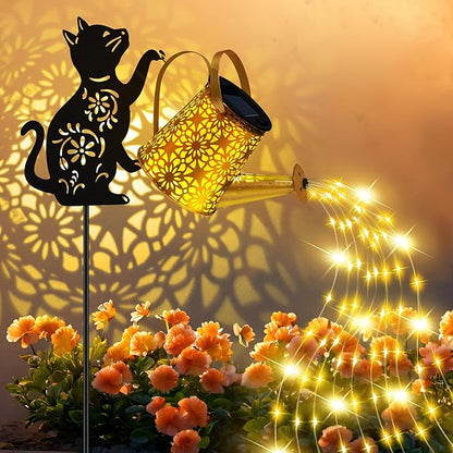Christmas Gifts Solar Lights Outdoor Decorative, Watering Can with Cascading Lights, with Cat Silhouette Garden Stakes, Waterproof Metal Garden Decor for Yard Art, Outside, Patio, Lawn 2PACK