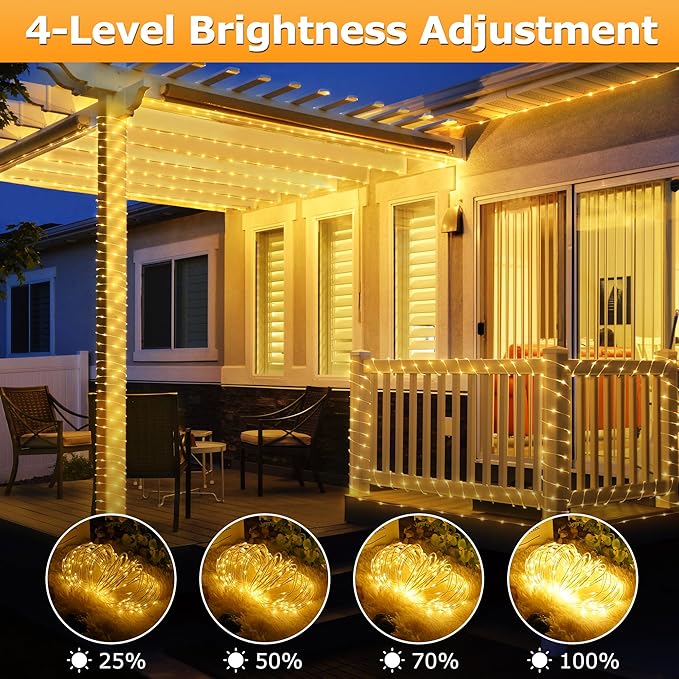 Solar Rope Lights, 66ft 200 LED Waterproof Porch Lights