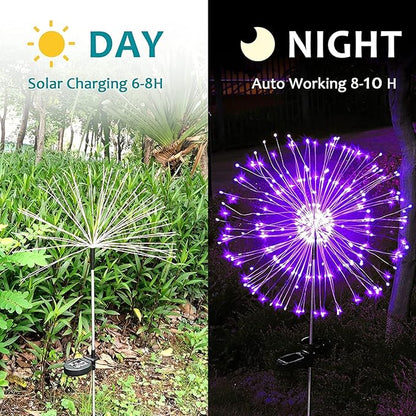 JJGoo Solar Firework Lights, 2 Pack 150 LEDs 2 Lighting Modes Solar Lights Outdoor Waterproof for Garden Patio Walkway Pathway Party Wedding Christmas Decorative - Purple
