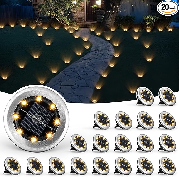 20-Pack Solar Ground Disk Lights, Warm White Waterproof LED