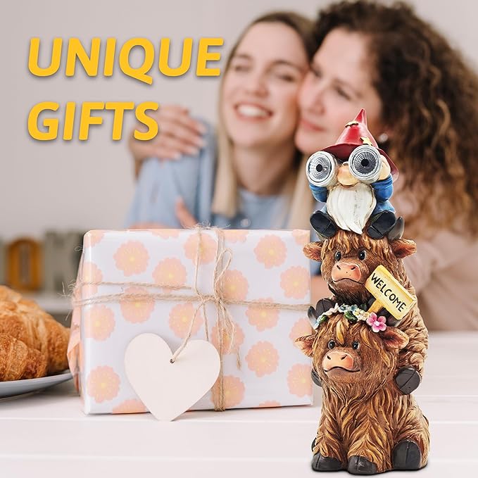 Christmas Garden Gnomes Outdoor Statue: 11'' Highland Cow Decor with Welcome Sign Funny Triple Yard Decorations with Solar Light Unique Birthday Gifts for Women Mother Grandma
