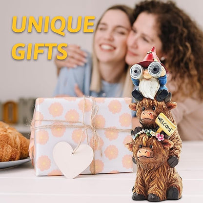 Christmas Garden Gnomes Outdoor Statue: 11'' Highland Cow Decor with Welcome Sign Funny Triple Yard Decorations with Solar Light Unique Birthday Gifts for Women Mother Grandma