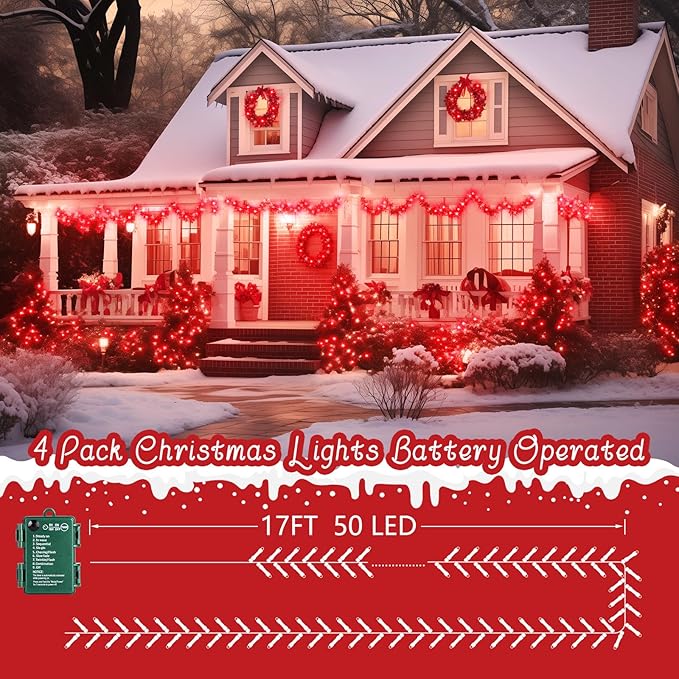 4-Pack 66ft Christmas LED String Lights, Waterproof Timer Lights